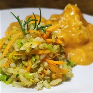 ESTROGONOFE DE FRANGO COM ARROZ INTEGRAL E ALHO PORÓ