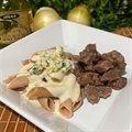 P PENNE INTEGRAL AO GORGONZOLA COM ISCAS DE CARNE